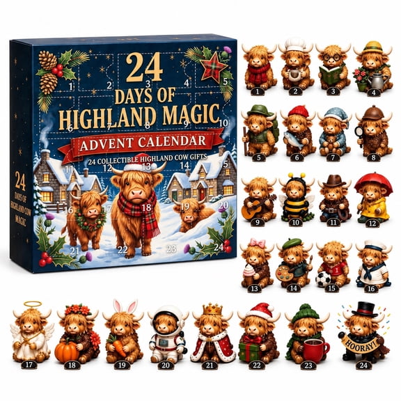 3D Highland Cow Advent Calendar 2026, 24Pcs Collectible Mini Figurines, 3D Cow Christmas Advent Calendars Cute Cattle Christmas Decor Countdown Calendar, Mini Figurines for Tree Ornament Decor