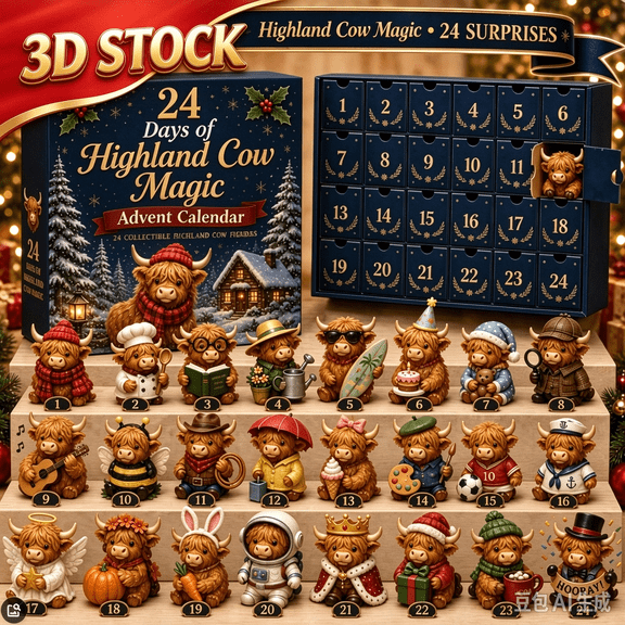 3D Highland Cow Advent Calendar, 24 Days Christmas Countdown Calendar with Collectible 3D Highland Cow Figurines, Christmas Surprise Gift for Kids & Adults >