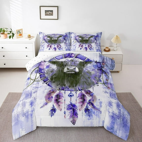 3D Highland Cow Bedding King Size Boho Dreamcatcher Comforter Set King,Farmhouse Animal Duvet Insert Purple Watercolor Quilt Set,Oil Painting Aesthetic Bedding Comforters & Sets