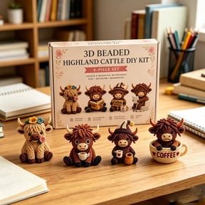 3D Highland Cow DIY Bead Kit, 4 Adorable Handmade Cow Designs Craft Set,Beginner Friendly Bead Art Project for Adults,Perfect as Home Decor or Unique Gift for Cow Lovers(B)