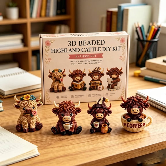 3D Highland Cow DIY Bead Kit, 4 Adorable Handmade Cow Designs Craft Set,Beginner Friendly Bead Art Project for Adults,Perfect as Home Decor or Unique Gift for Cow Lovers(B)