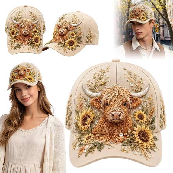 3D Highland Cow Embroidery Cap, Cute Print Baseball Cap, Adjustable Farmhouse Baseball Hat, Rustic Country Hat Gift for Women and Men