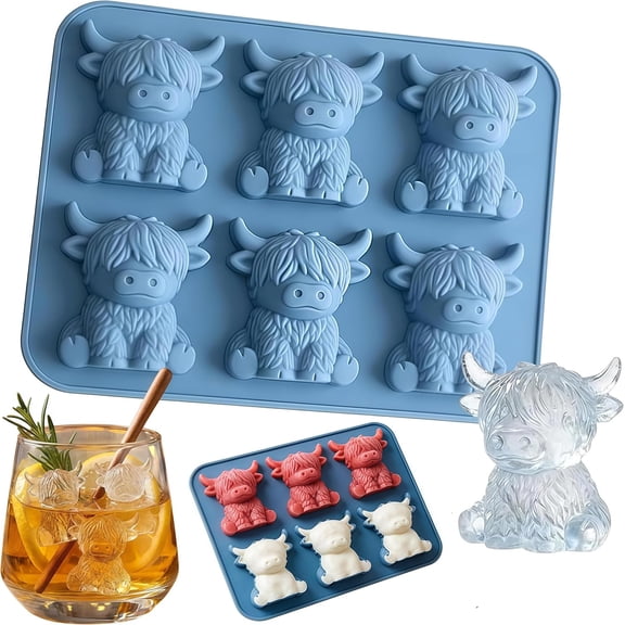3D Highland Cow Ice Cube Mold - Cute Silicone Mini Cattle Ice Tray for Whiskey, Cocktails & Coffee - Reusable BPA-Free Animal Shaped Mold for Drinks, Parties, Home Bar (6-Pack Classic Face)