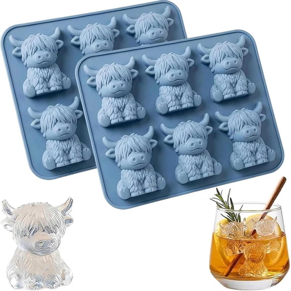 3D Highland Cow Ice Cube Mold Tray, Silicone Mini Cow Chocolate Molds, Cute Animal Slow-Melting Ice Maker for Cocktail & Home Bar (2pcs)