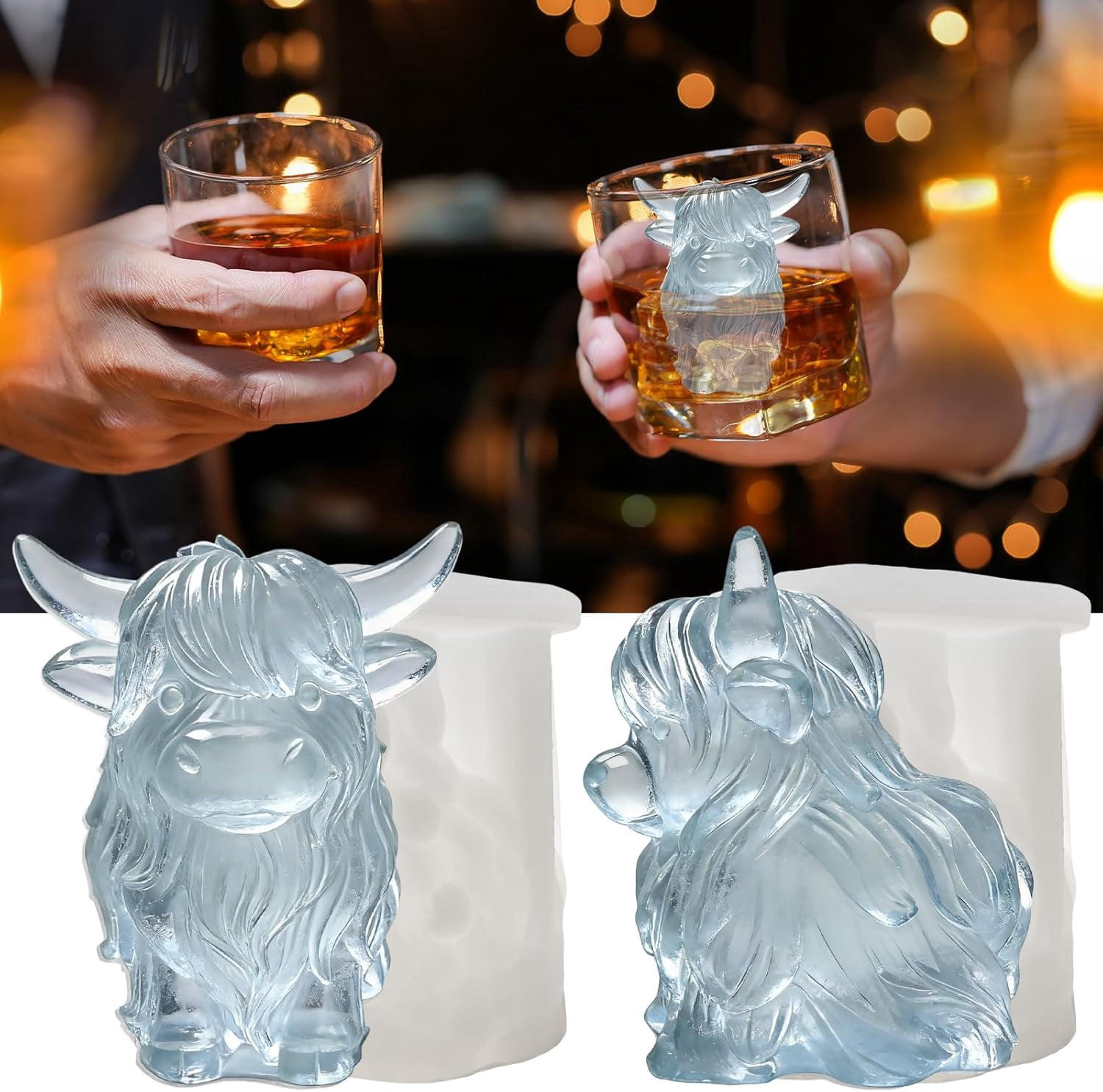 3D Highland Cow Ice Cube Silicone Molds Tray for Whiskey, Cocktail, Drink, Bar; Rich Details. Fun Animal Mold for DIY Taba Squishy Chocolate Soap Candle Resin Gift for Women Girls Boys; 2 Pack