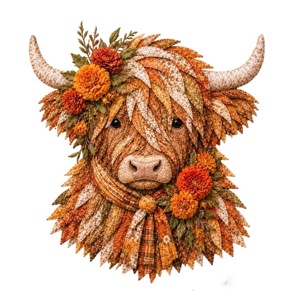 3D Highland Cow Layered Patchwork Art Kit Pre-Cut Pieces Assembly Craft Set for Adults Home with Floral Scarf Accents Beginner Friendly Craft