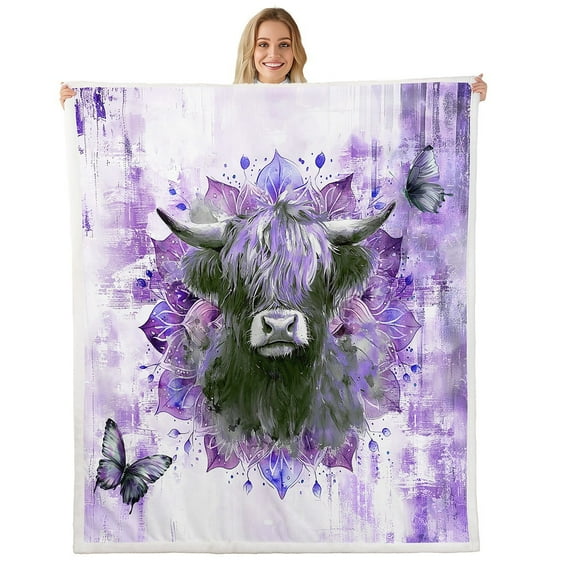 3D Highland Cow Throw Blanket for Couch Farmhouse Animal Fleece Blanket,Boho Mandala Sherpa Blanket Purple Watercolor Blanket,Oil Painting Aesthetic Bed Blanket