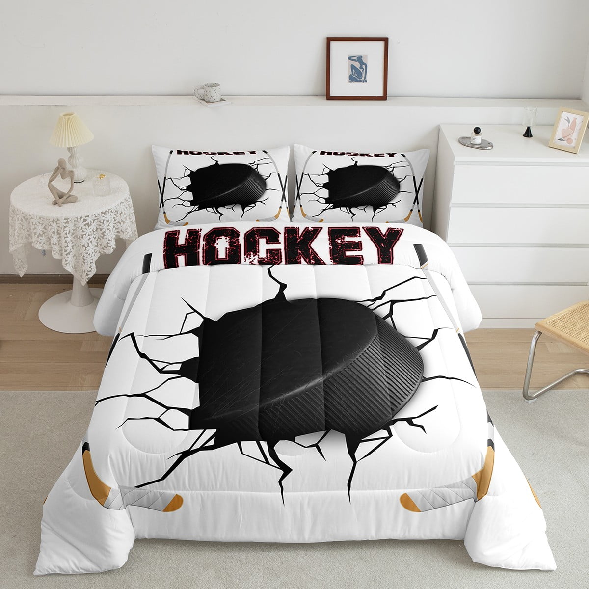 3D Hockey Toddler Bedding Set,Ice Hockey Puck Comforter Set for Boys