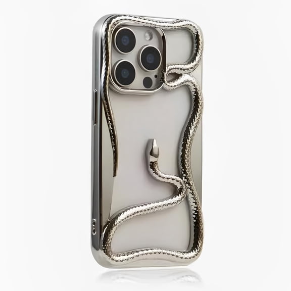 3D Hollow Snake Case for iPhone16, 16 Pro, 16 Pro Max, 11/12/13/14/15 Series Creative Electroplated Cool Solid Color Shockproof Phone Cover (Silver, for 16 Plus)