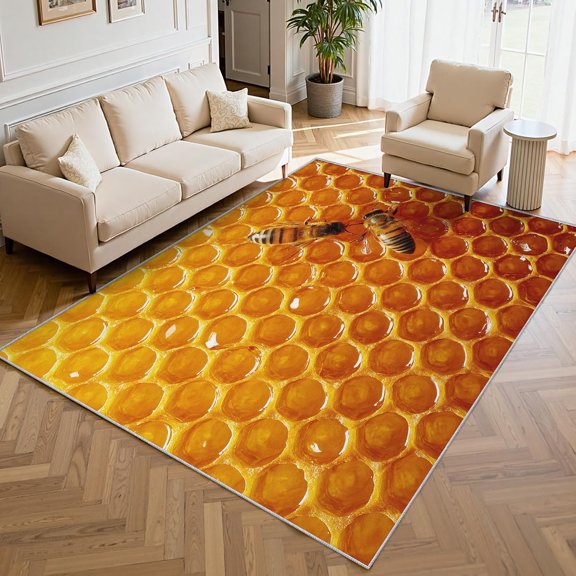 3D Honeycomb Area Rugs, Gold Honey Bee Beehive Geometric Pattern Carpet, Washable Non Slip Low Pile Soft Rug for Living Room Bedroom Decor Mat 2x3ft