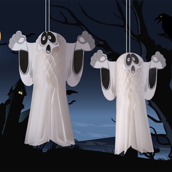 3D Honeycomb Paper Ghost Hanging Ornament, Halloween Spooky Ghost Ceiling Pendant Decor, Foldable Paper Ghost for Haunted House Party Home Porch Window Decor