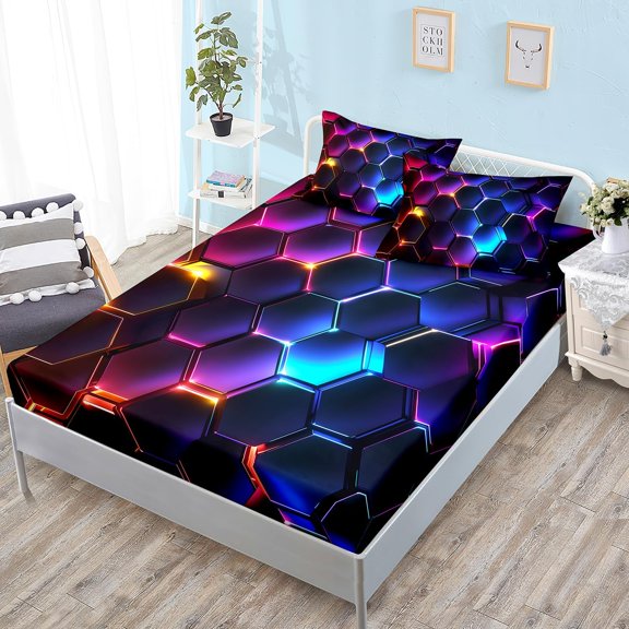 3D Honeycomb Twin Size Bedding Set,Geometric Hexagon Pattern Fitted Sheet for Kids Teen Boy Room Decor,Lightweight Colorful Neon Lights Twin Bedding,1 Fitted Sheet+2 Pillowcases.