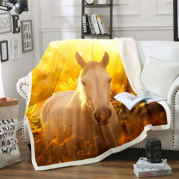 3D Horse Fleece Blanket 40x50 Horse Printed Throw Blanket,Yellow Flower Blanket Farmhouse Animal Fuzzy Blanket Golden Sunset Bed Blanket Bedroom Decoration,Breathable