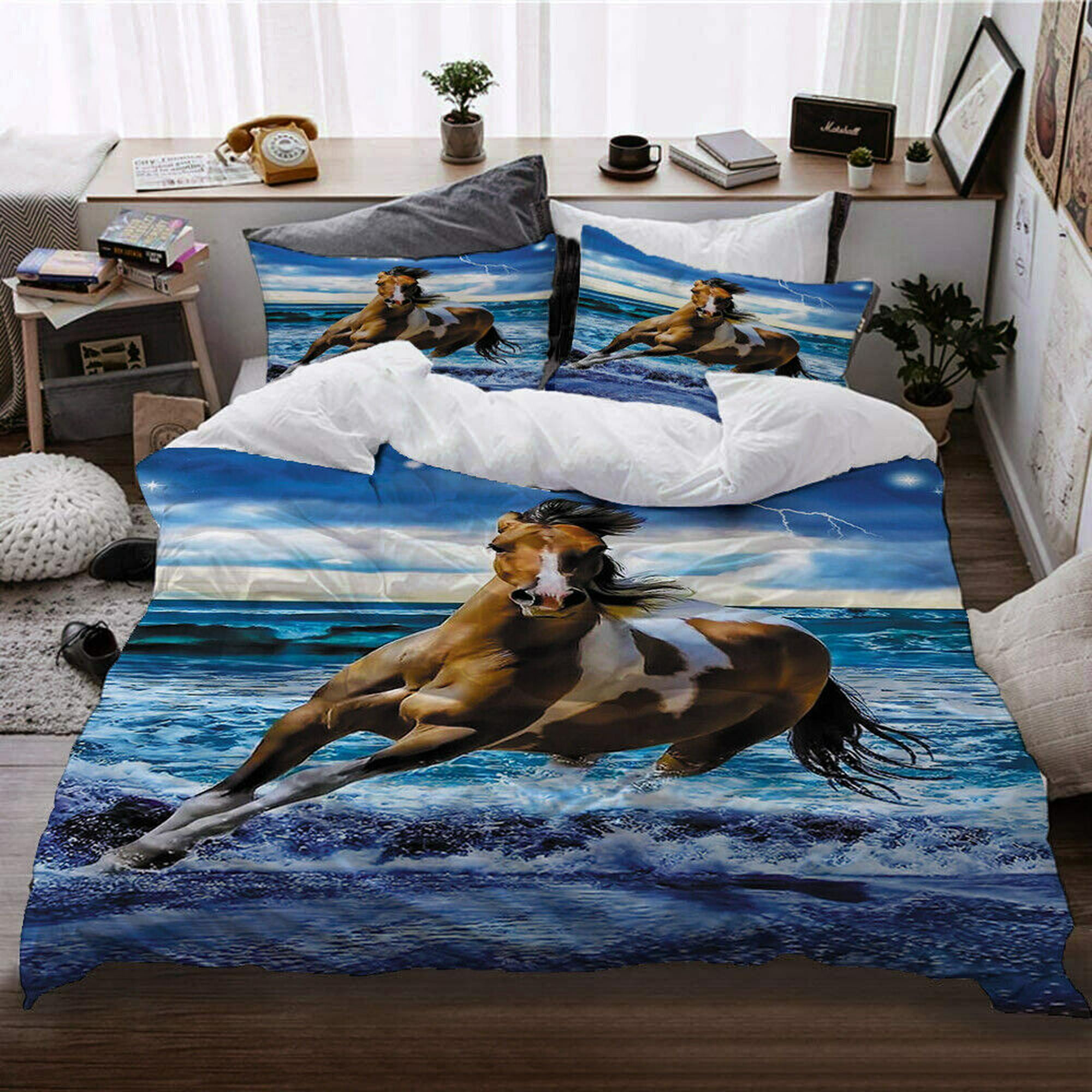 47436 3PC Queen Size Quilted Tan Running Horse Quilt Set.