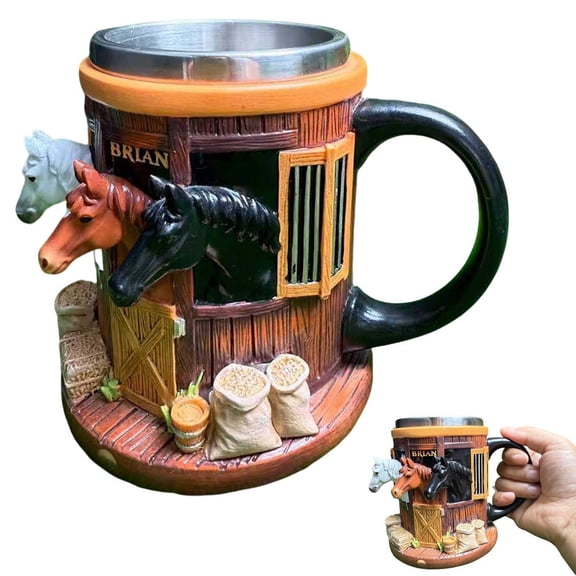 3D Horse Stable Coffee Mug, Personalized Horses Mugs with Resin and Stainless Steel Liner, Novelty Drinking Mug For Horse Lover Girl Trainer Cowboy Cowgirl