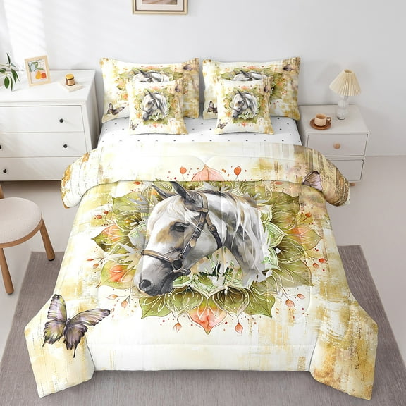 3D Horse Twin Comforter Set 7 Pieces Farmhouse Animal Bedding Comforter Sets,Boho Mandala Bed in a Bag Gold Watercolor Bedding Set,Oil Painting Aesthetic Bed Sheets Set