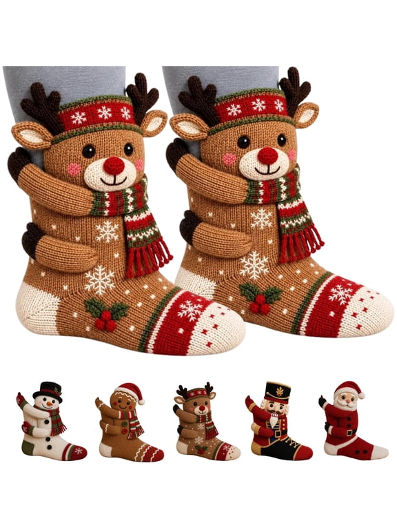 3D Hugging Christmas Socks Cute Knit Holiday Hug Socks for Women Men