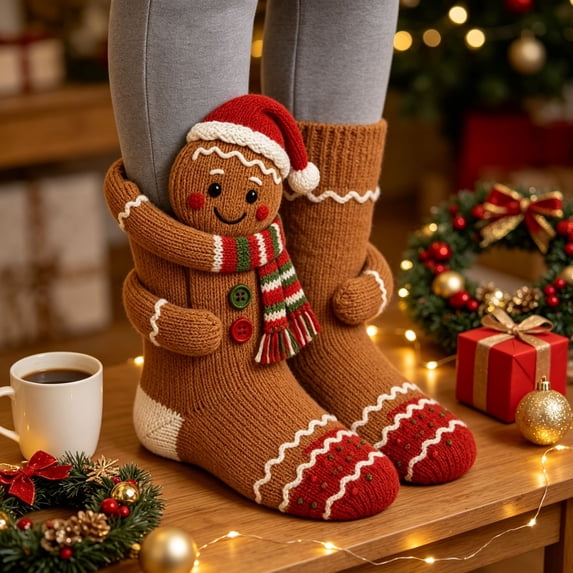 3D Hugging Christmas Socks, Cute Knit Holiday Socks, Soft Stretchy Adult Winter Socks, Cozy Hand Crocheted Novelty Socks for Holiday Party Home Wear