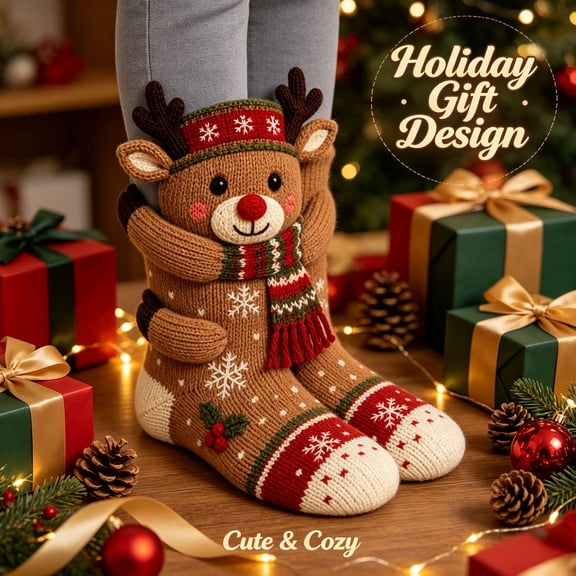 3D Hugging Christmas Socks, Cute Knit Holiday Socks, Soft Stretchy Adult Winter Socks, Cozy Hand Crocheted Novelty Socks for Holiday Party Home Wear