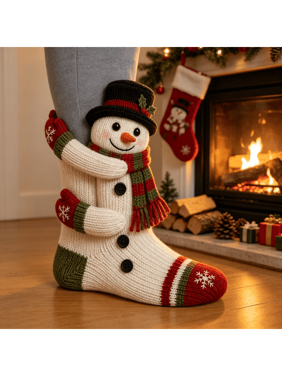 3D Hugging Christmas Socks, Cute Knit Holiday Socks, Soft Stretchy Adult Winter Socks, Cozy Hand Crocheted Novelty Socks for Holiday Party Home Wear