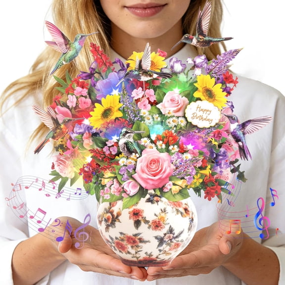 3D Hummingbird Bouquet Pop-Up Birthday Card with Music and Colorful Lights, 10-inch Bouquet, Perfect Gift for Women, Wives, and Girls — Includes a Note Card and Envelope