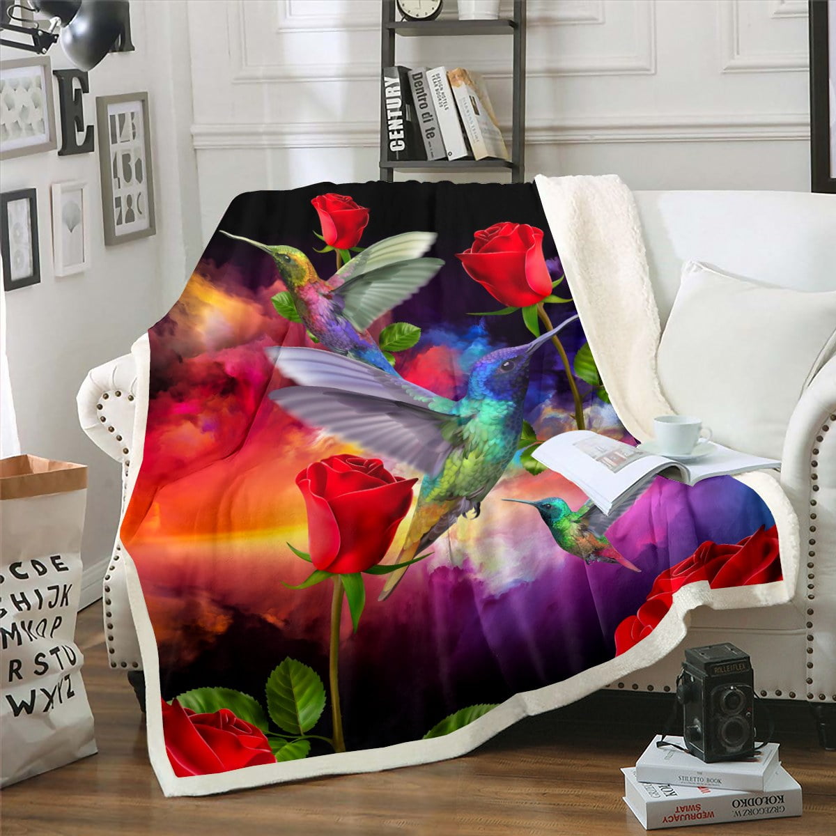 3D Hummingbird Throw Blanket for Bedroom,Wildlife Tropical Bird Jungle