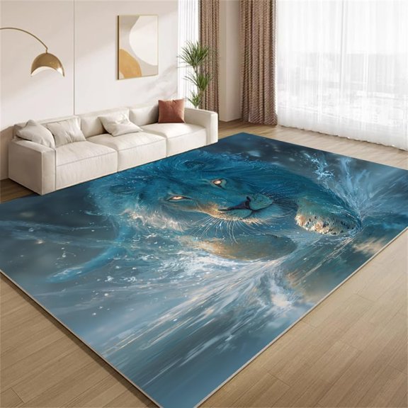3D Ice Lion Swimming Area Rugs, Fantasy Water Splash Wildlife Carpet, Washable Non Slip Low Pile Soft Rug for Living Room Bedroom Game Room Study Office Decor Mat 2ftx3ft