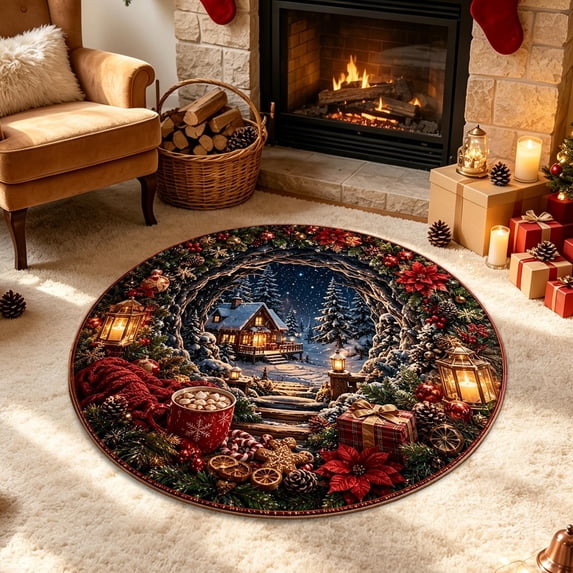 3D Illusion Christmas Doormat – 23.62in Round Non-Slip Polyester Mat, Absorbent & Easy Clean, for Front Door Kitchen Bathroom Holiday Decor
