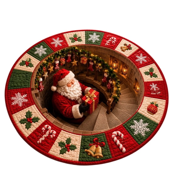 3D Illusion Christmas Round Rug 39.4in, Non-Slip Festive Optical Area Mat, Soft Cozy Visual Effect Floor Carpet for Living Room Bedroom Entryway Holiday Decor