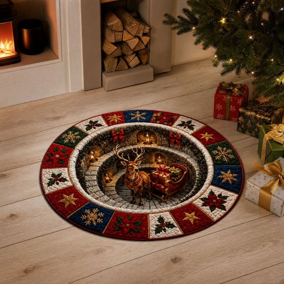 3D Illusion Christmas Round Rug, Optical Vortex Hole Effect Quilted Patchwork Floor Mat, Reindeer Sleigh Decorative Carpet , Non Slip Printed Xmas Rug for Living Room, Fireplace and Christmas Tree