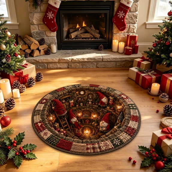 3D Illusion Christmas Rugs,23.62" Optical Illusion Round Mat, Machine Washable, Velvet Christmas Decor, Living Room & Bedroom, Festive Holiday Decor(A)