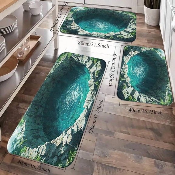 3D Illusion Ocean Sink Printed Floor Mat Set - White, 3-Piece, Non-Slip Microfiber