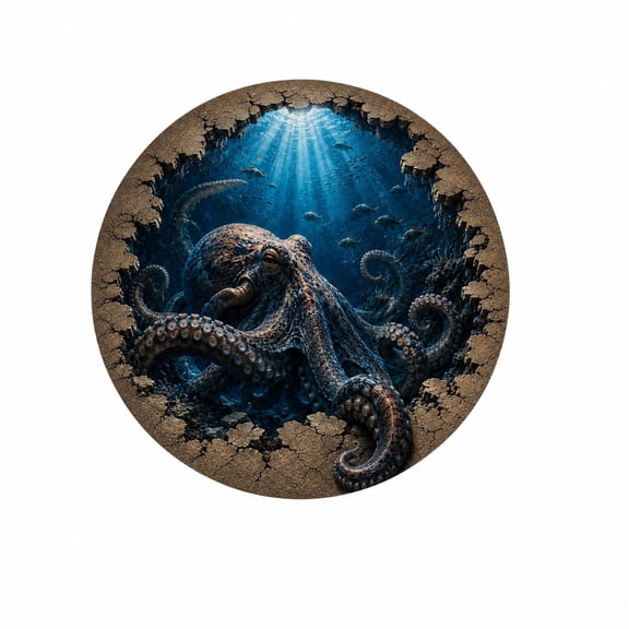 3D Illusion Octopus Round Rug, Deep Sea Ocean Floor Mat, Realistic Visual Trap Carpet with Cracked Earth Effect, Non-Slip Soft Area Rug for Living Room Bedroom Bathroom Home Decor 24 Inch