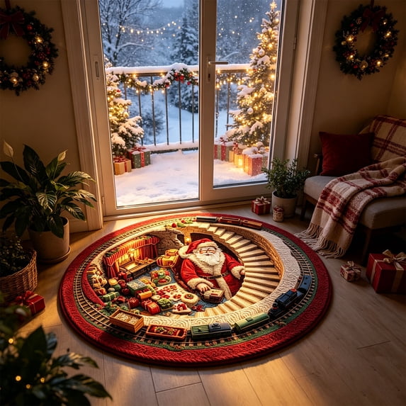 3D Illusion Santa Round Doormat, Vintage Santa Workshop Festive Floor Rug, Non‑Slip Holiday Decorative Mat