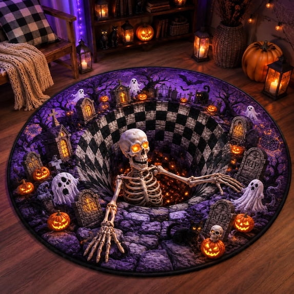 Round Skeleton Rug 3D Illusion Skeleton Halloween Quilted Rug, Spooky Graveyard Round Rug ...