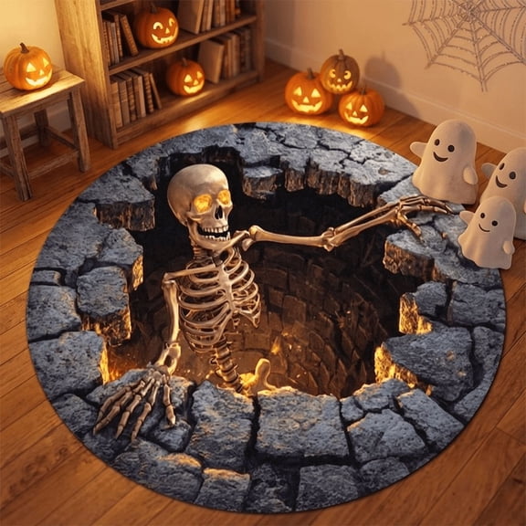 3D Illusion Stone Well Skeleton Round Rug, Halloween Horror Skeleton Carpet, Non Slip Floor Mat