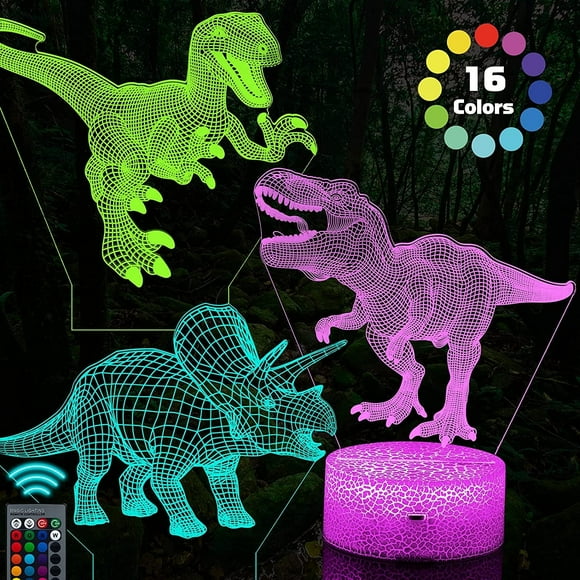 3D Illusion Table Lamp, 3 Pcs Dinosaur Night Light with Remote Control & 16 Colors Changing, LED Dinosaur Gifts for Bedroom, Boys Girls Age 3+ Year Old