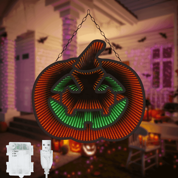 Beatineon Pumpkin Infinity Mirror Light, USB & Battery Powered Halloween Decor with 6H Timer, Hanging 2D Wall Art for Indoor Fall Decorations