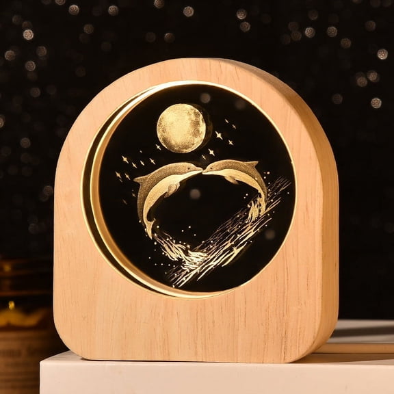 3D Internal Carved Crystal Ball,Personalized Crystal Decoration with Wooden Bases, Gifts for Friends, Men, Wives, and Women,Moon Dolphin