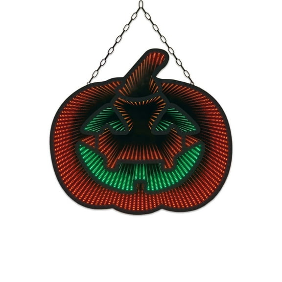 3D Jack-O-Lantern LED Infinity Mirror, 12" x 13", Festive Orange and Green Lighted Halloween Motif, USB & Battery Powered, Built‑In Timer