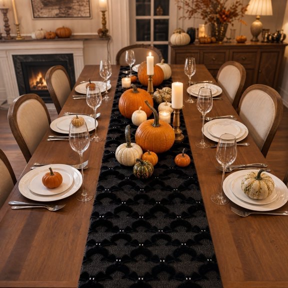 3D Jacquard Bat Halloween Table Runner, Textured Knitted Plush Faux Fur Rectangle Decor Runner, Heat Resistant Fall Ornament for Indoor Outdoor Halloween Party Dining Table & Farmhouse Home Decoratio