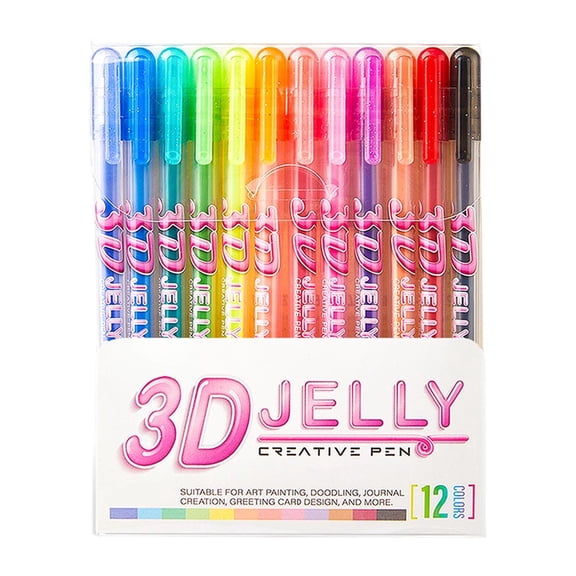 3D Jelly Pens Glossy Ink Pens, 12 Colors Raised 3D Gel Pen Set for Adult Coloring Nail Art Glass DIY Crafts, Dimensional Highlighters Marker for Card Making Lettering Ceramics Metal (12Pcs)