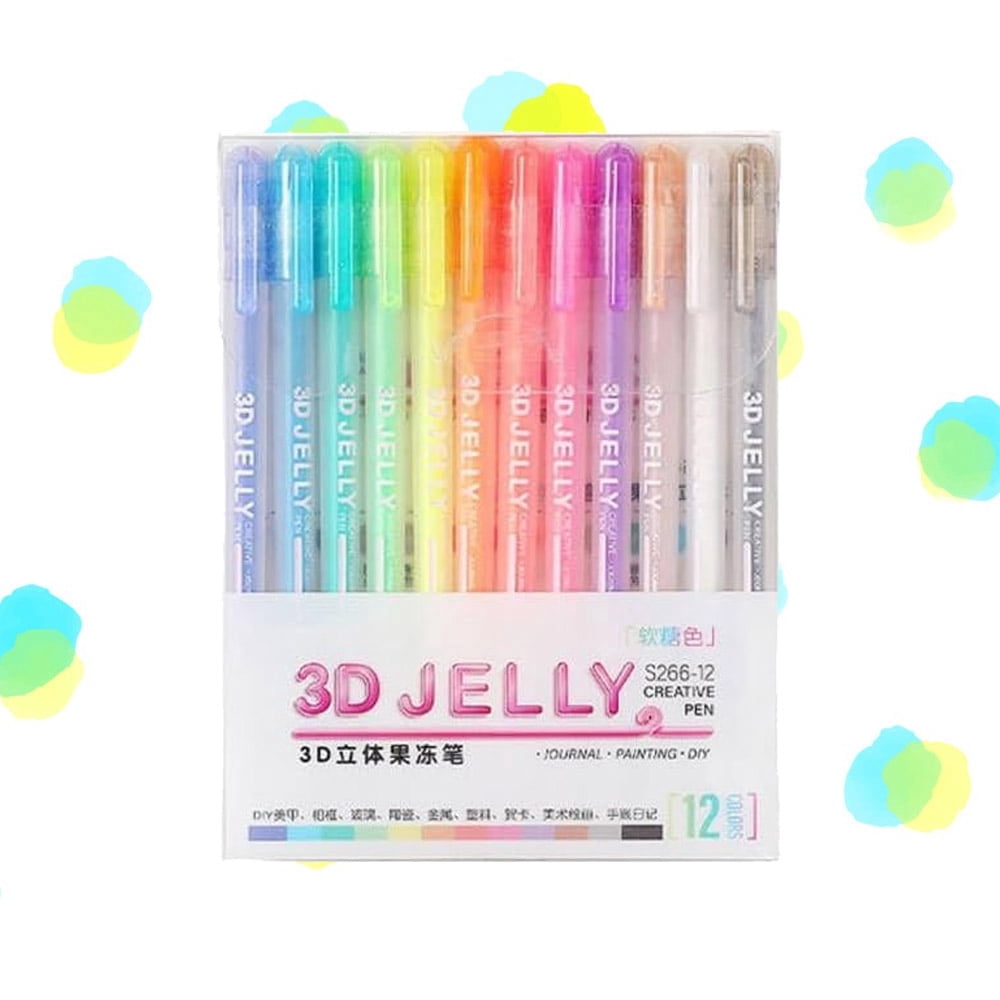 3D Jelly Pens Set, Gel Ink Pen Marker Pens for Lettering, Drawing, Ornaments, Journaling, DIY Painting Glossy Jelly Ink Pen, Colorful Pen Highlighters Markers (12 Colors)