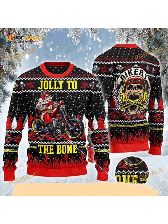 3D Jolly To The Bone Biker Christmas Gift All Over Print Funny Ugly Sweater