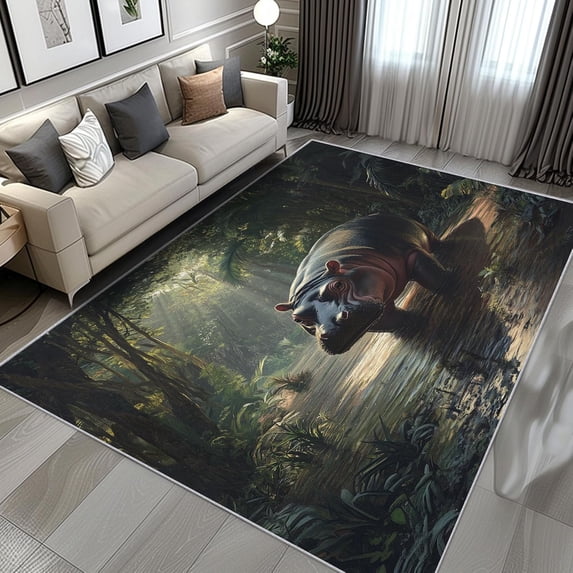 3D Jungle Hippo Area Rugs, Animal Pattern Carpet, Washable Non Slip Low ...