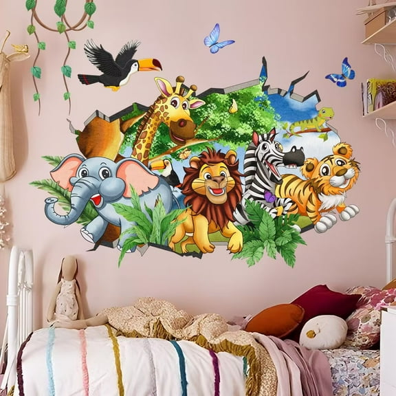 3D Jungles Animal Wall Decals Forest Animal Elephant Lion Monkey Wall Stickers DIY Peel and Stick Art Decals Kids Room Nursery Room Wall Decor