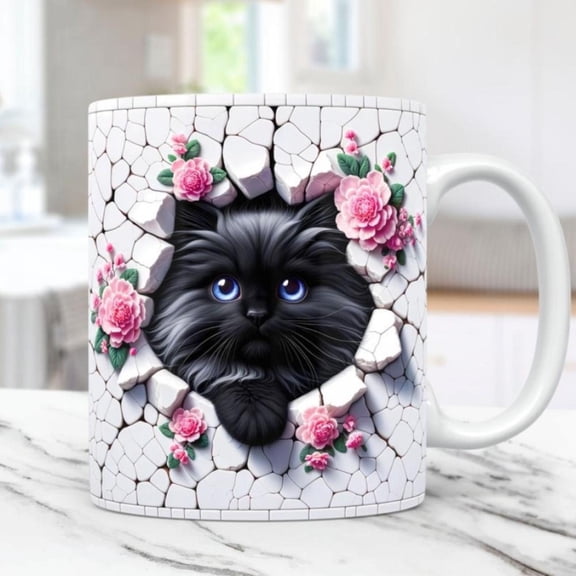 3D Kitten Hole In A Wall Mug Wrap Mug Wrap Sublimation Design 11oz Coffee Cup Template 3D Floral Cute Mug Press Design