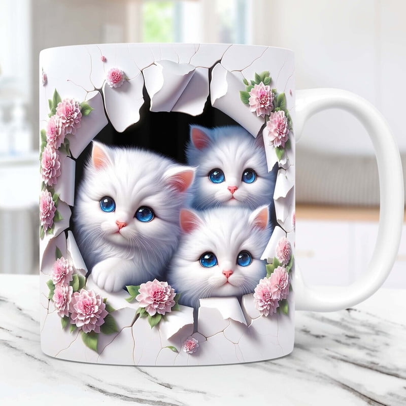 3D Kittens Hole In A Wall Mug 3D White Cat Mug Coffee Mug, Comfortable ...