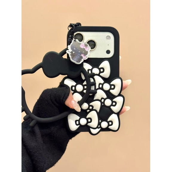 3D Kitty Bow Silicone Phone Case with Lanyard & Charm for iPhone 17 Pro Max 13 14 15 16 Plus, Cute Cartoon Shockproof Protective Cover, Kawaii Anti-Scratch Case for Girls Women