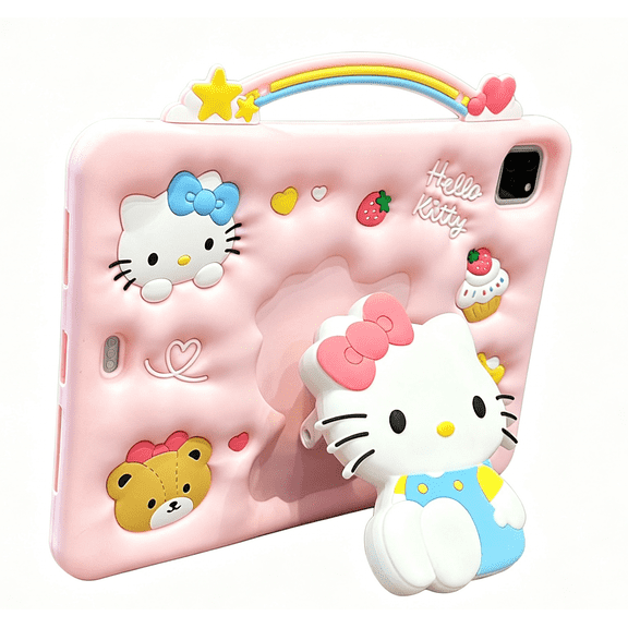 3D Kitty Silicone iPad A16 11th Generation 11 Inch 2025 Case, iPad 10th Generation 10.9 Inch Case with 360° Foldable Rotatable Kitty Kickstand, Kawaii Cartoon Shockproof Protective Cover